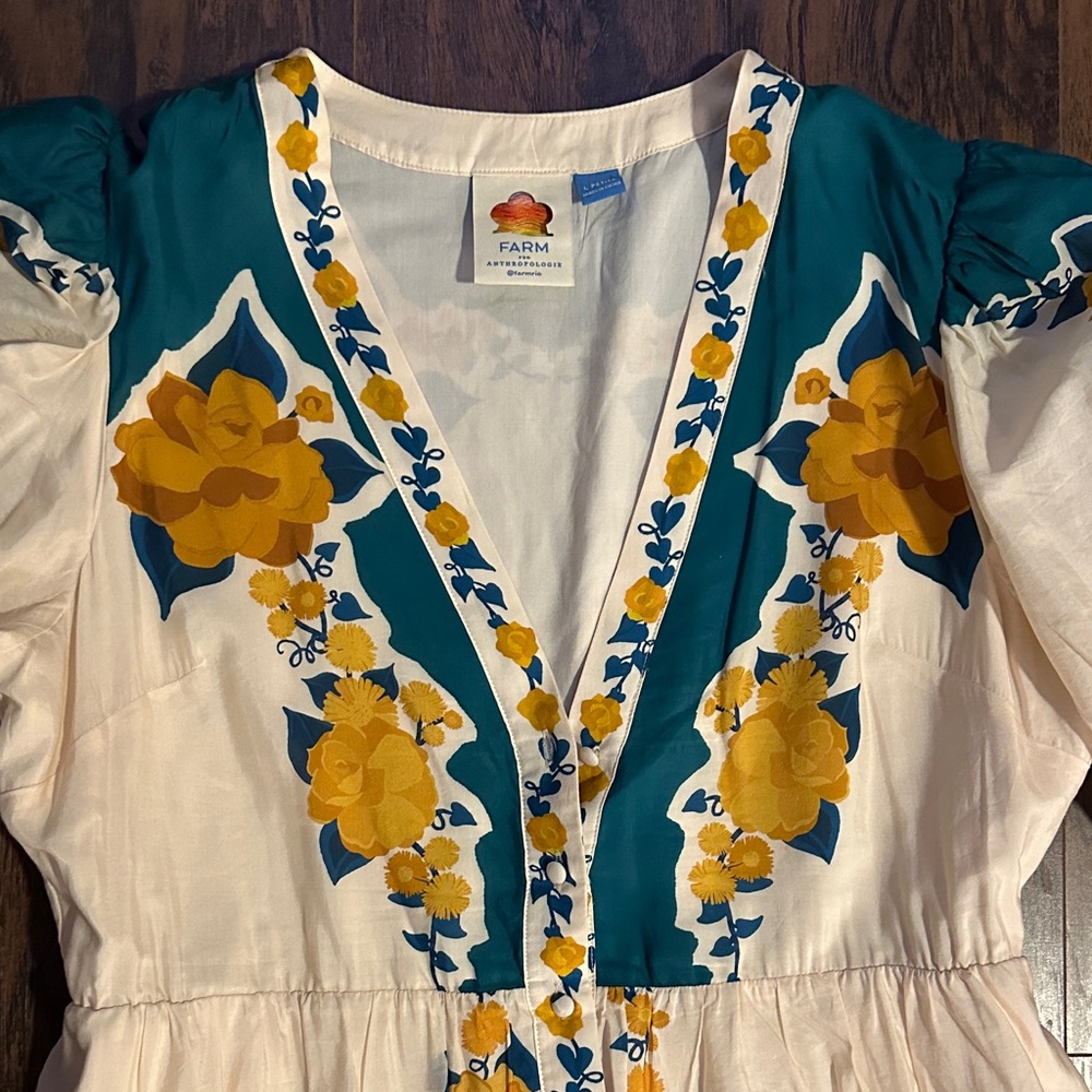 Anthropologie White Midi Dress with Yellow & Teal Floral Print - Picture 2 of 4